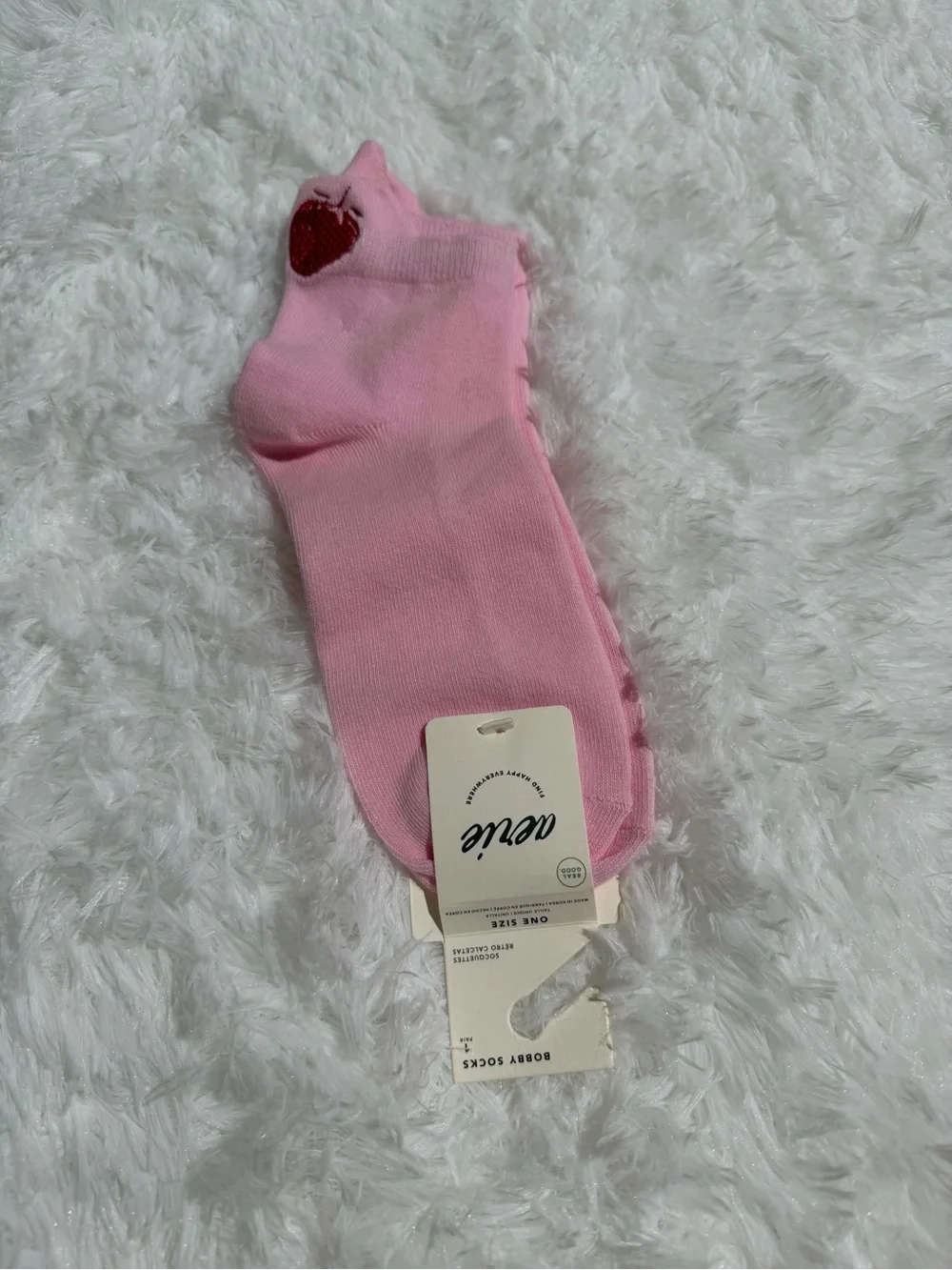 NWT Aerie Pink Ankle Socks with Red Strawberry Accent One Size Bobby Socks